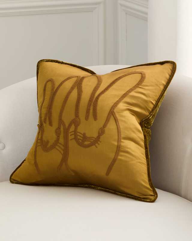 Hand-Embroidered Bunny Decorative Silk Pillow